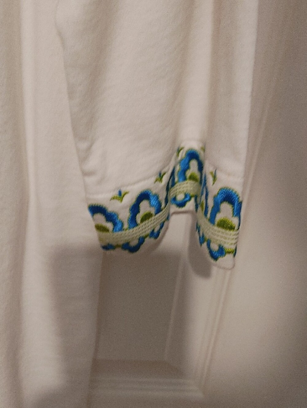 White Embroidered Women's Pajama Set with Blue & Green Accent - Picture 7 of 9